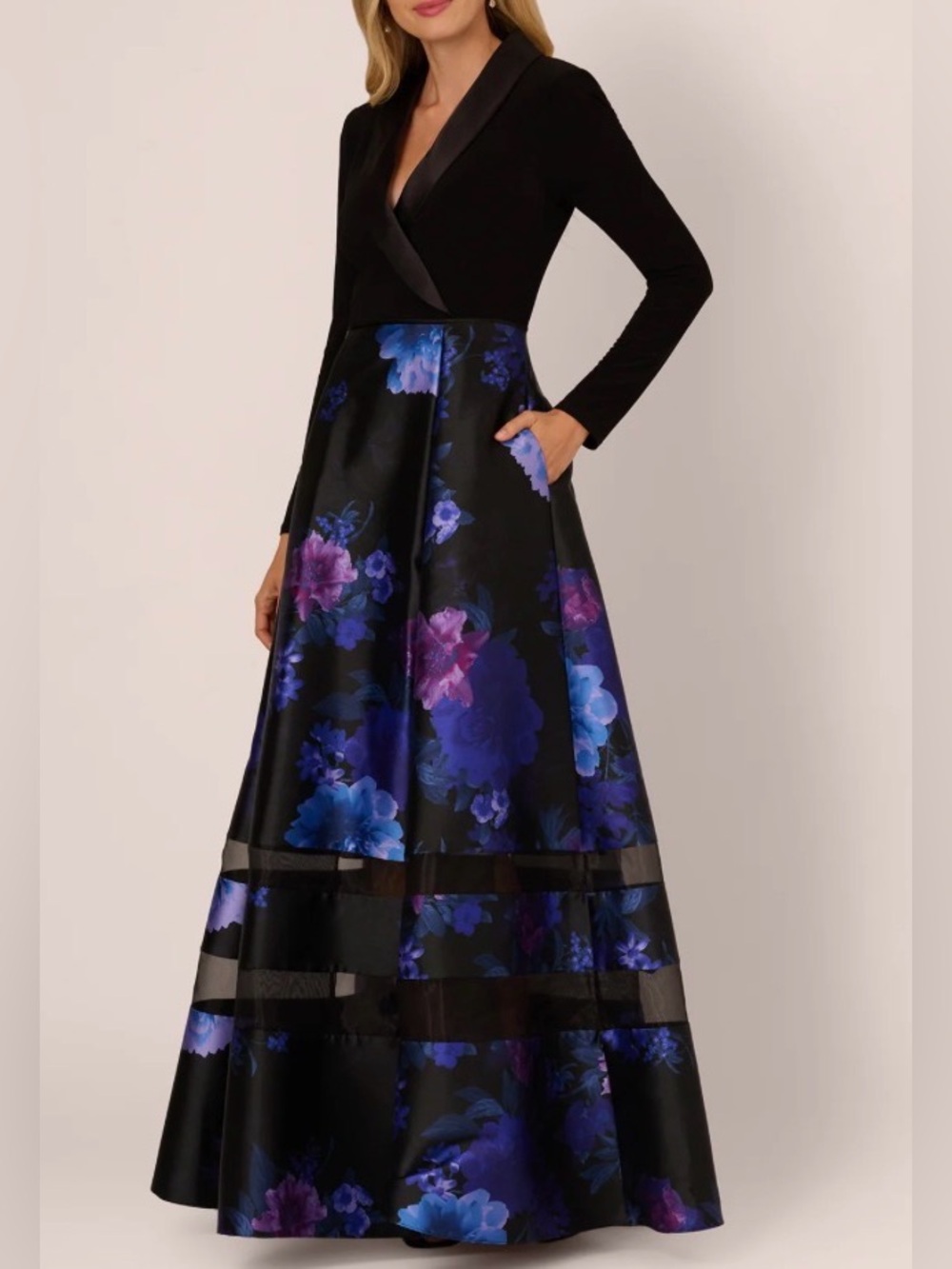 Adrianna Papell Blue Combo Tuxedo Mikado Gown NEW NWT